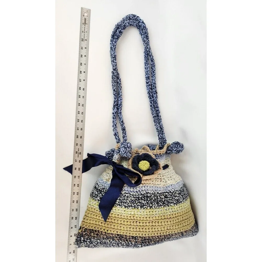 Funky Fun Handmade Crochet Knit Bag Large Purse‎ Boho Hippie Flowers Blue Beige